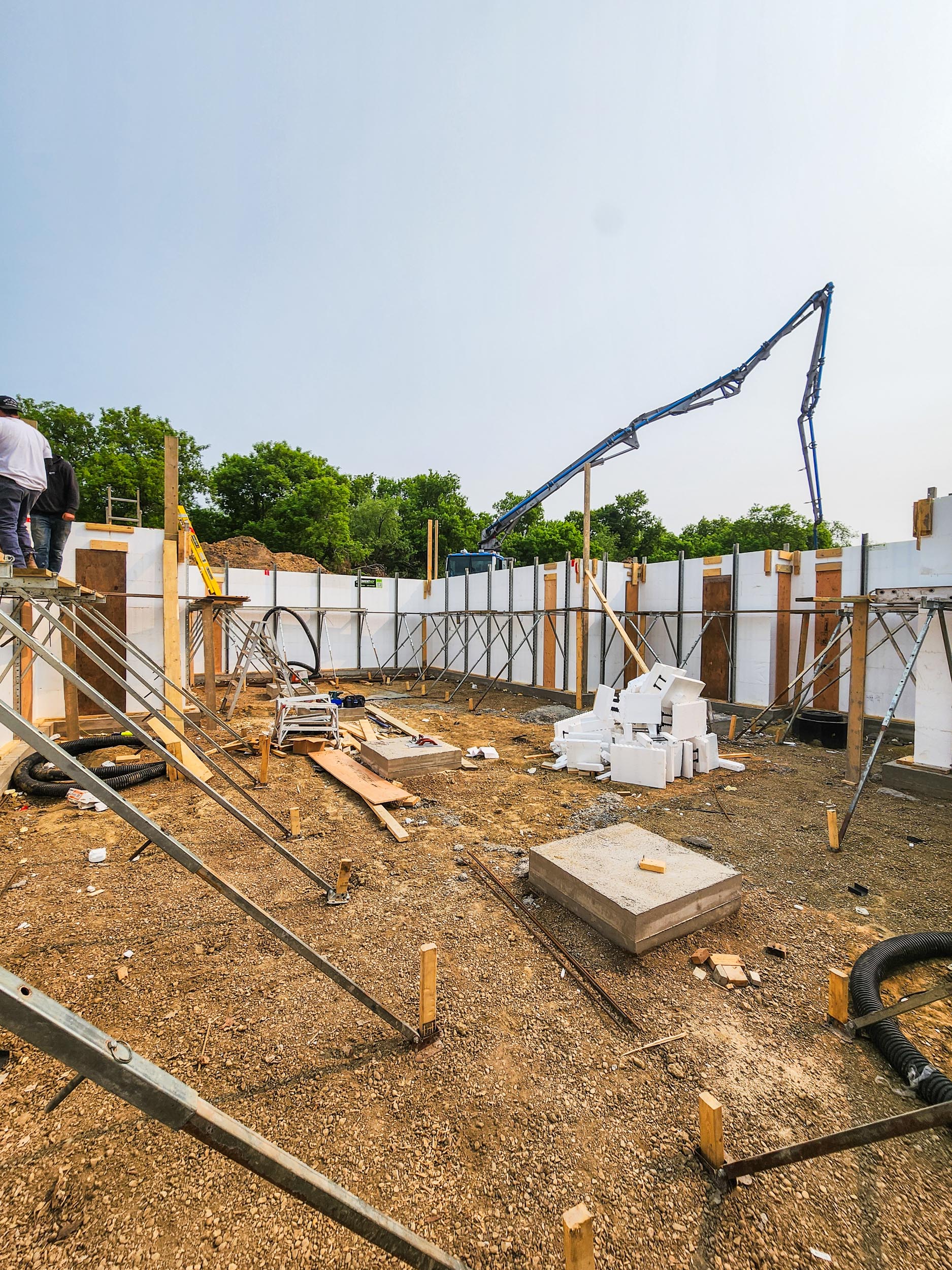 Braced ICF basement walls before concrete placement