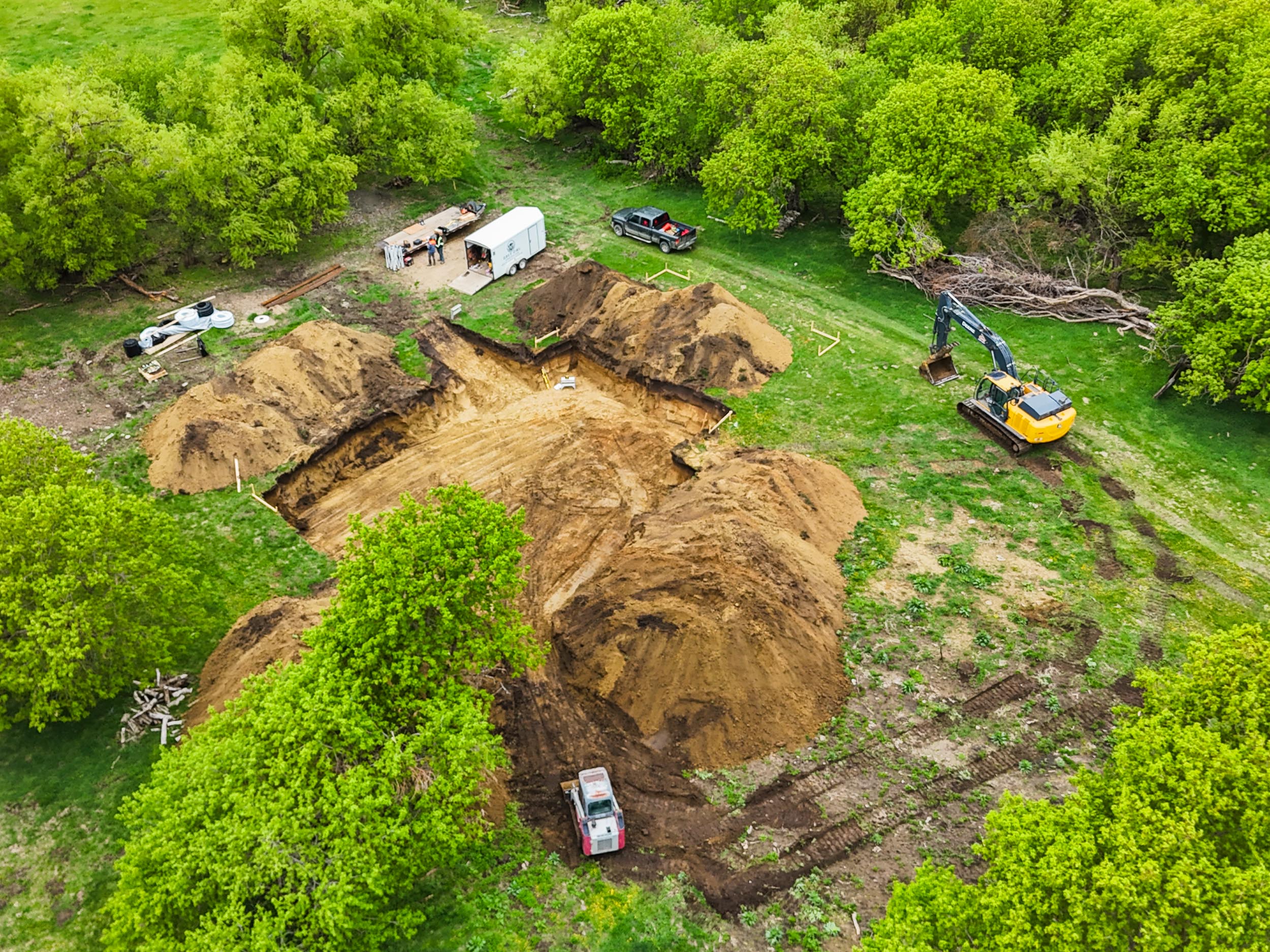 Aerial view of excavation for a new home foundation